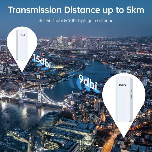 Alt view image 2 of 5 - 2.4G & 5G Dual Band Wireless Bridge, IP65 Outdoor Point to Point WiFi Bridge CPE with 2 1000Mbps RJ45 Port,16dBi High-Gain Antenna, 5KM Long Range, 24V PoE Power, for Barn Shop Garage