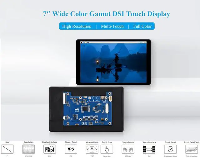 Alt view image 3 of 5 - 7inch DSI LCD Compatible with Raspberry Pi 5/4B/CM4/3B+/3A+/3B/Compute Module 5/CM5/CM4/CM3+/CM3, 1280 x 800 Capacitive Touch Screen IPS Display, Optical Bonding Toughened Glass Panel, 10-Point Touch