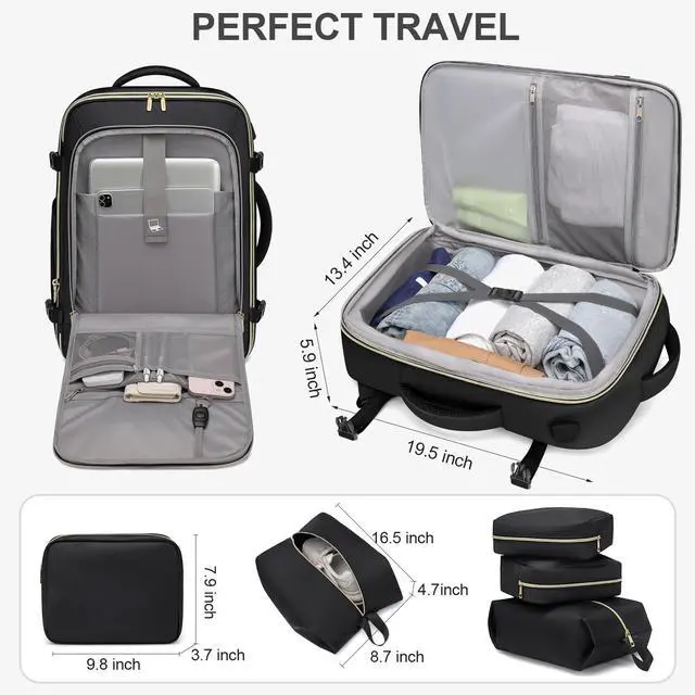 Alt view image 2 of 5 - VNINE Travel Backpack for Women Men 40L Large Carry On Backpack Flight Approved with 3 Packing Cubes Expandable Personal Item Travel Bag with USB Charging Port Fits 17" Laptop Travel Essentials