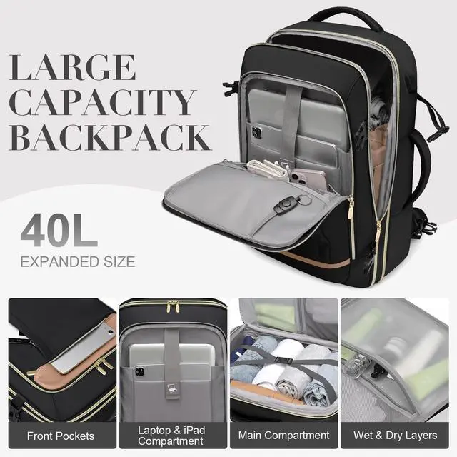 Alt view image 3 of 5 - VNINE Travel Backpack for Women Men 40L Large Carry On Backpack Flight Approved with 3 Packing Cubes Expandable Personal Item Travel Bag with USB Charging Port Fits 17" Laptop Travel Essentials