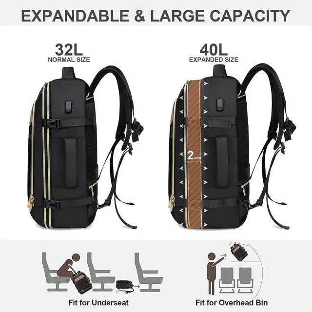 Alt view image 4 of 5 - VNINE Travel Backpack for Women Men 40L Large Carry On Backpack Flight Approved with 3 Packing Cubes Expandable Personal Item Travel Bag with USB Charging Port Fits 17" Laptop Travel Essentials