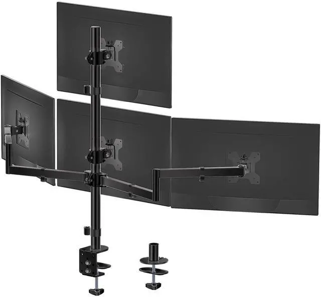 Main image of WALI Quad Monitor Mount for 13-27 Inch Screens, Fully Adjustable 4 Monitor Stand with Swivel, Tilt, Rotation, Clamp & Grommet Base Kit, Max Load 22lbs per Screen (M004S), Black