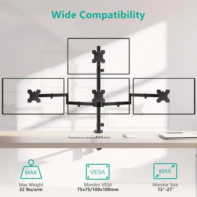 Alt view image 2 of 5 - WALI Quad Monitor Mount for 13-27 Inch Screens, Fully Adjustable 4 Monitor Stand with Swivel, Tilt, Rotation, Clamp & Grommet Base Kit, Max Load 22lbs per Screen (M004S), Black