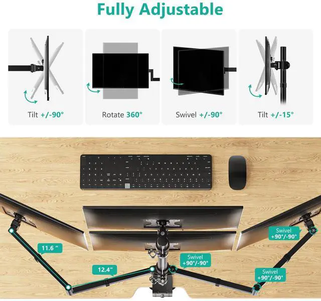 Alt view image 5 of 5 - WALI Quad Monitor Mount for 13-27 Inch Screens, Fully Adjustable 4 Monitor Stand with Swivel, Tilt, Rotation, Clamp & Grommet Base Kit, Max Load 22lbs per Screen (M004S), Black