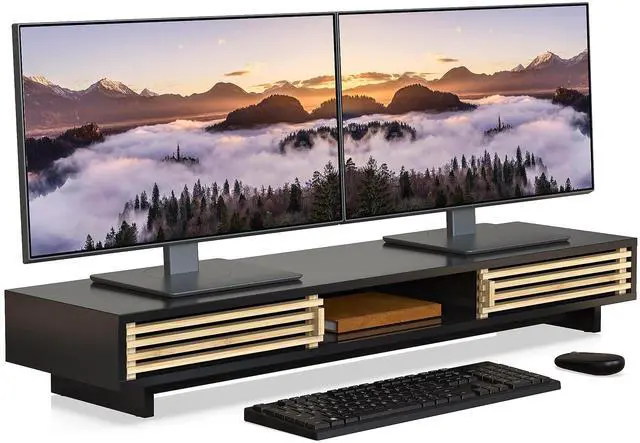 Main image of WELL WENG Dual Monitor Stand Riser with Sliding Door, Double Computer Laptop Stand Desk Shelf Organizer with Storage (Black + Natural Bamboo, 38 Inch)