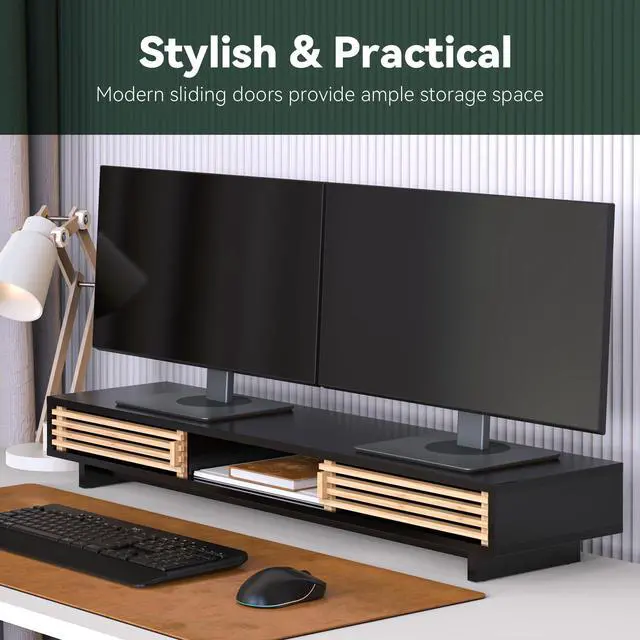 Alt view image 3 of 5 - WELL WENG Dual Monitor Stand Riser with Sliding Door, Double Computer Laptop Stand Desk Shelf Organizer with Storage (Black + Natural Bamboo, 38 Inch)
