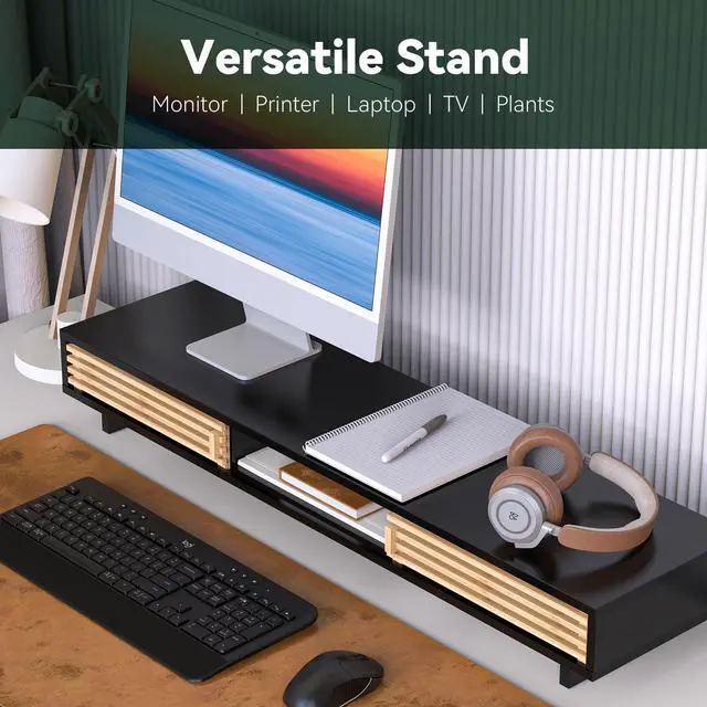 Alt view image 2 of 5 - WELL WENG Dual Monitor Stand Riser with Sliding Door, Double Computer Laptop Stand Desk Shelf Organizer with Storage (Black + Natural Bamboo, 38 Inch)