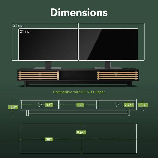 Alt view image 5 of 5 - WELL WENG Dual Monitor Stand Riser with Sliding Door, Double Computer Laptop Stand Desk Shelf Organizer with Storage (Black + Natural Bamboo, 38 Inch)