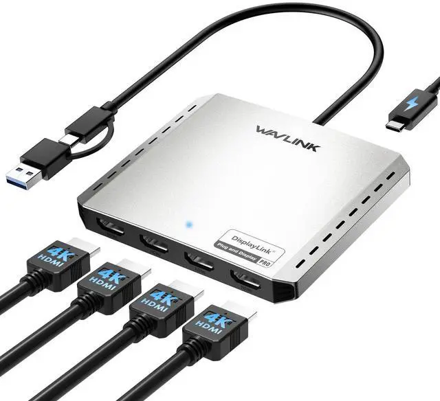 Main image of WAVLINK USB 3.0 or USB C to Quad HDMI Splitter Extended Display for Four Monitor with 85W PD, Displaylink Adapter 4 HDMI 4K@60Hz for Apple Mac M1/M2/M3/M4 or Windows 10/11, USB A/C to HDMI 4K Output