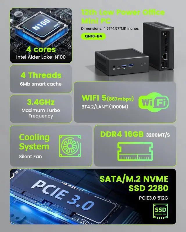 Alt view image 2 of 5 - YCTipc Mini PC,N100 B4 Mini Desktop Computer,16GB DDR4 RAM,512GB PCIE 3.0 SSD,Dual Display,1 RJ45 1G LAN,USBx4,Type-C, Wi-Fi5,BT4.2,for School PC, Office PC, Home Theater