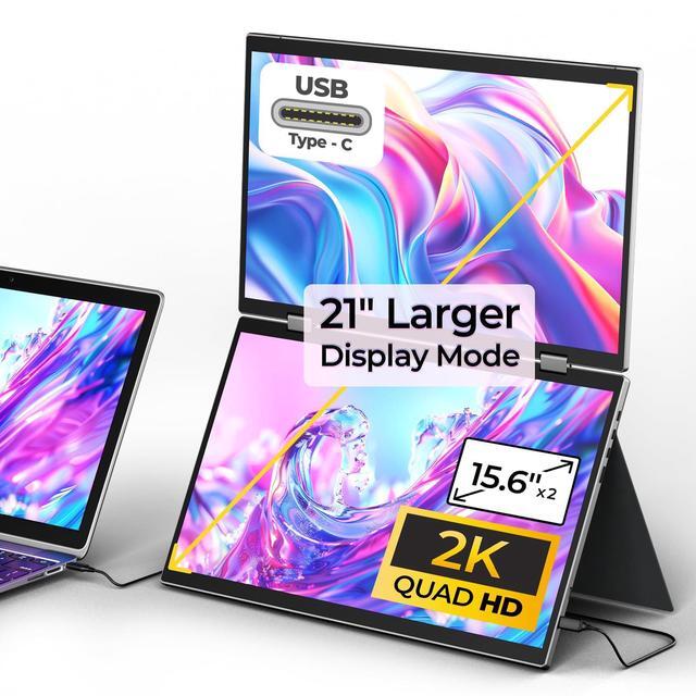 Main image of YUBWVO Portable Dual Monitors, 15.6" 2K Dual Screen Monitor for Laptop(Win/Linux), Built-in Protective Cover/Stand, 360degRotation and USB-C Triple Screen Laptop Monitor Extender, Plug & Play