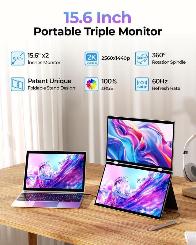 Alt view image 2 of 5 - YUBWVO Portable Dual Monitors, 15.6" 2K Dual Screen Monitor for Laptop(Win/Linux), Built-in Protective Cover/Stand, 360degRotation and USB-C Triple Screen Laptop Monitor Extender, Plug & Play