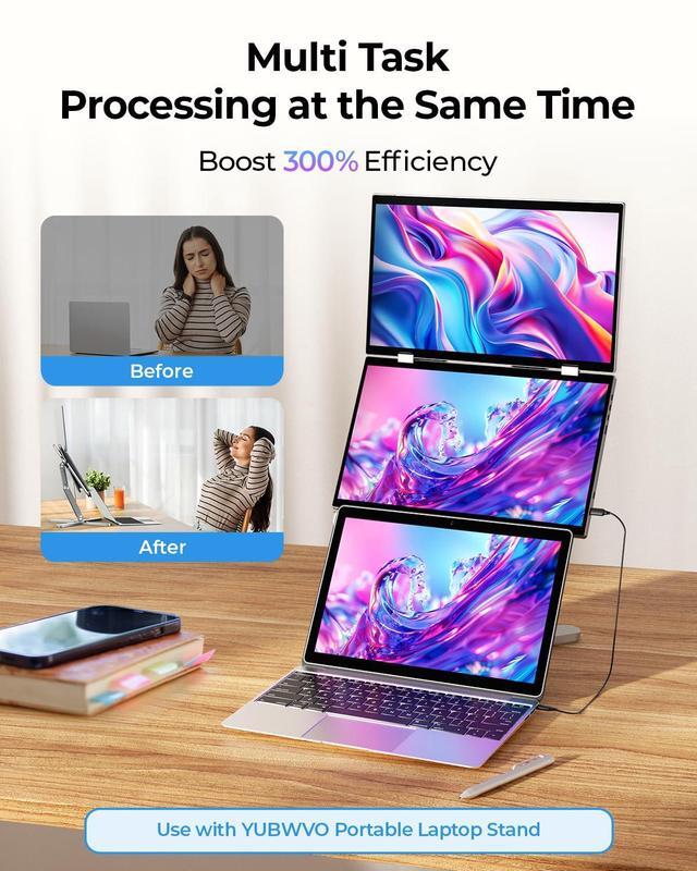 Alt view image 3 of 5 - YUBWVO Portable Dual Monitors, 15.6" 2K Dual Screen Monitor for Laptop(Win/Linux), Built-in Protective Cover/Stand, 360degRotation and USB-C Triple Screen Laptop Monitor Extender, Plug & Play