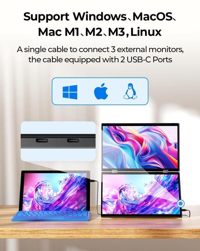 Alt view image 5 of 5 - YUBWVO Portable Dual Monitors, 15.6" 2K Dual Screen Monitor for Laptop(Win/Linux), Built-in Protective Cover/Stand, 360degRotation and USB-C Triple Screen Laptop Monitor Extender, Plug & Play