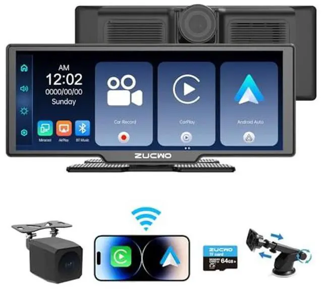 Main image of ZUCWO 10.26 Inch Wireless CarPlay Screen for Car CarPlay and Android Auto HD Touchscreen Car Stereo with Bluetooth, 4K UHD Dash Cam with 64GB SD Card