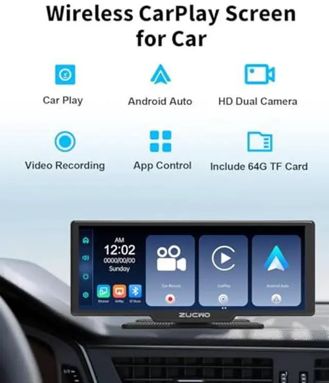 Alt view image 2 of 5 - ZUCWO 10.26 Inch Wireless CarPlay Screen for Car CarPlay and Android Auto HD Touchscreen Car Stereo with Bluetooth, 4K UHD Dash Cam with 64GB SD Card