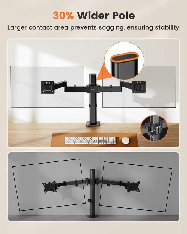 Alt view image 3 of 5 - ErGear Dual Monitor Stand, Heavy-Duty Monitor Mounts for 2 Monitors Up to 32", Fully Adjustable with Tiered Arms for Extra Height, Sturdy Design to Minimize Sagging, Supports 22 lbs per Arm