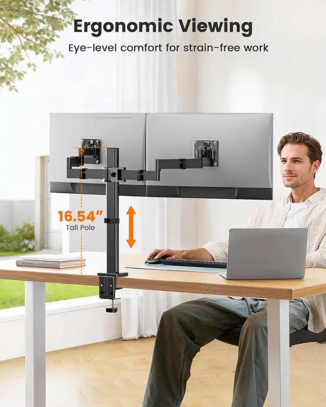 Alt view image 4 of 5 - ErGear Dual Monitor Stand, Heavy-Duty Monitor Mounts for 2 Monitors Up to 32", Fully Adjustable with Tiered Arms for Extra Height, Sturdy Design to Minimize Sagging, Supports 22 lbs per Arm