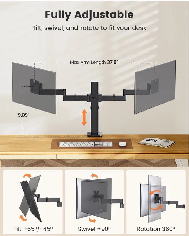 Alt view image 5 of 5 - ErGear Dual Monitor Stand, Heavy-Duty Monitor Mounts for 2 Monitors Up to 32", Fully Adjustable with Tiered Arms for Extra Height, Sturdy Design to Minimize Sagging, Supports 22 lbs per Arm