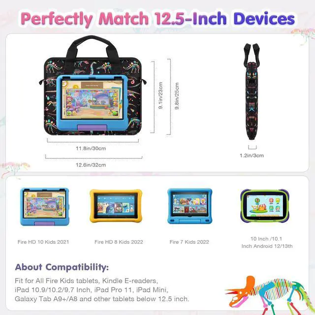 Alt view image 2 of 5 - MoKo 10-12.5 Inch Kids Tablet Sleeve Carrying Case for Fire HD 10 13th/11th Gen, Fire HD 8/7 Kids 2022, Tablet Bag with Shoulder Strap for 10/10.1 Inch Android 12/13, Black Dinosaur