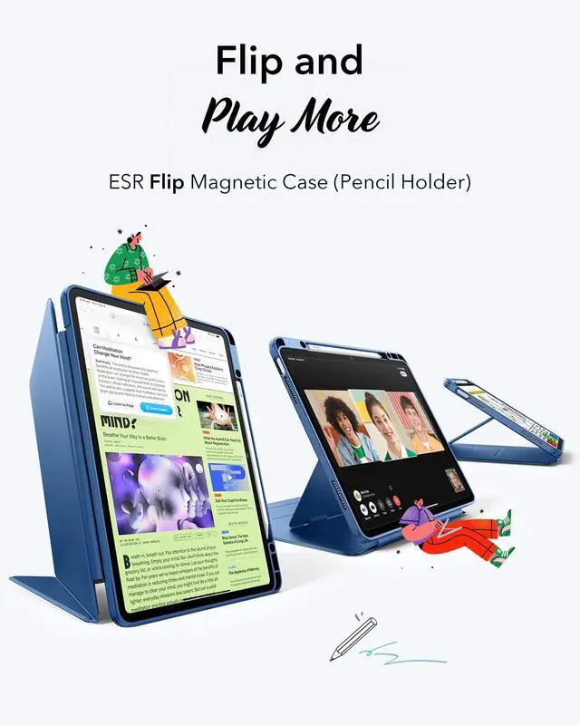 Alt view image 3 of 5 - ESR for iPad Air 13 Inch Case M3/M2 (2025/2024), Vertical Stand Cover, Multi Stand Angles, Ultra-Stable Case for iPad Air 13 with Pencil Holder, Flip Series, Blue
