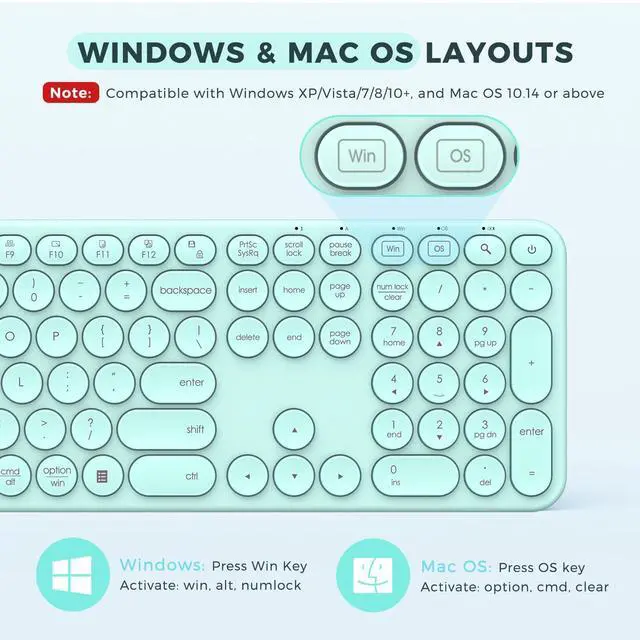 Alt view image 3 of 5 - seenda Wireless Keyboard and Mouse, USB & Type C 2-in-1 Receiver, Full Size Green Wireless Keyboard Mouse Combo, Compatible for Windows 7/8/10/11, MacBook Pro/Air, Laptop, Desktop, PC - Mint Green