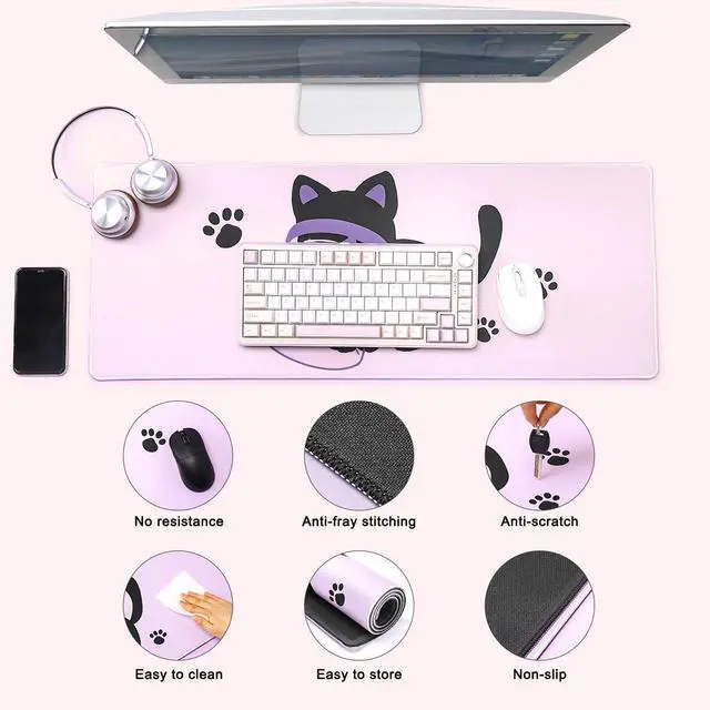 Alt view image 2 of 5 - YUNZII Keynovo Gaming Mouse Pad, Large Mouse Pad, Non-Slip 4mm Laptop Gaming Desk Pad for Office and Home(Naughty cat, 31.49'' x 11.8'')