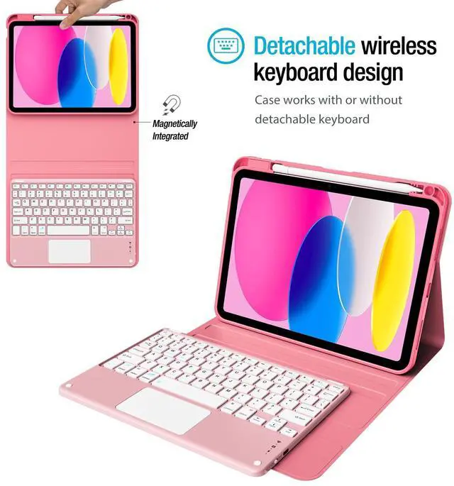 Alt view image 3 of 5 - ProCase for iPad 11th / 10th Generation Case with Keyboard, Magnetically Detachable Wireless Keyboard with Multi-Touch Trackpad for iPad (A16) 2025 /10th Gen 2022 -Pink