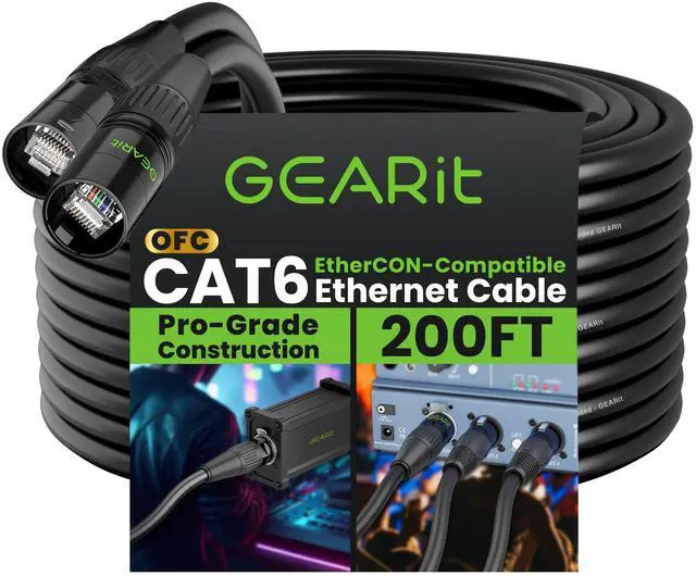 Main image of GEARit CAT6 Ethernet Cable, EtherCON-Compatible (200 Feet) RJ45 Connectors for Pro Audio, Aluminum Shielded, Oxygen Free Copper - 200 ft. - Black