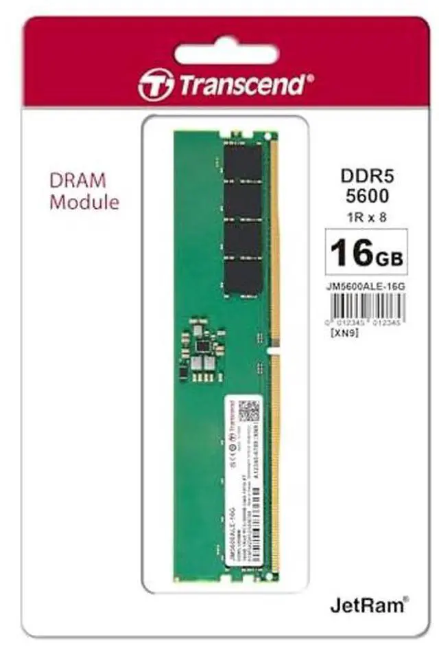 Alt view image 2 of 5 - Transcend 16GB DDR5 5600MHz (or 5200MHz or 4800MHz) UDIMM Desktop RAM, Compatible w/Intel & AMD Ryzen, Desktop PC Computer RAM Memory Upgrade Modules, On-die ECC PC5-44800 1Rx8 CL46 2Gx8 1.1V 288Pin