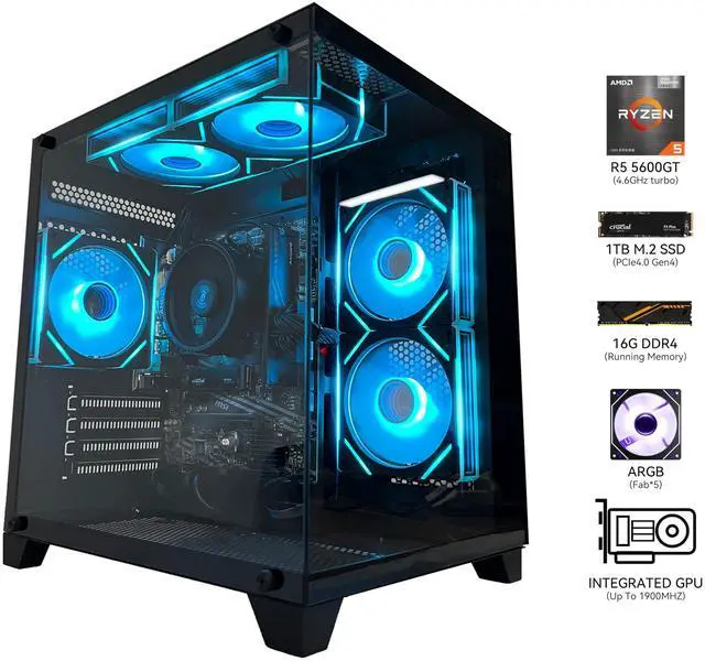Alt view image 3 of 5 - YAWYORE Gaming PC Desktop Computer AMD Ryzen 5 5600GT,16GB DDR4 3200MHz,1TB M.2 NVMe PCle4.0 Gen4,550W 80PLUS PSU,WiFi,Game Design Office Console,Sea View Room, Towers Prebuilt PC (Black)