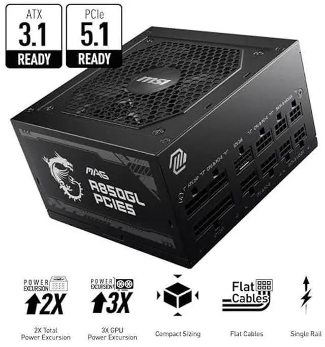 Alt view image 2 of 5 - MSI MAG A850GL PCIE 5.1 & ATX 3.1 Gaming Power Supply - Full Modular - 80 Plus Gold Certified 850W - Compact Size - ATX PSU - 10 Year Warranty