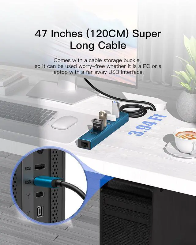 Alt view image 2 of 5 - 7 Ports USB 3.0 Hub, USB to Network HUB with 3.9ft Long Cable for Laptop, USB Splitter with Gigabit Ethernet Port and 5V/3A Power Port, MultiPort Aluminum Hub for iMac, PC, Flash Drives (Blue)