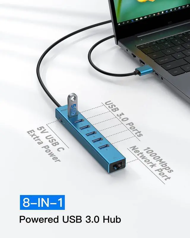 Alt view image 3 of 5 - 7 Ports USB 3.0 Hub, USB to Network HUB with 3.9ft Long Cable for Laptop, USB Splitter with Gigabit Ethernet Port and 5V/3A Power Port, MultiPort Aluminum Hub for iMac, PC, Flash Drives (Blue)