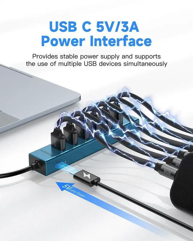 Alt view image 4 of 5 - 7 Ports USB 3.0 Hub, USB to Network HUB with 3.9ft Long Cable for Laptop, USB Splitter with Gigabit Ethernet Port and 5V/3A Power Port, MultiPort Aluminum Hub for iMac, PC, Flash Drives (Blue)