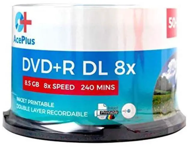 Main image of AcePlus 50-pk DVD+R Dual Layer White Inkjet Hub-Printable Discs with 8X Recording Speed and 8.5 GBS of Storage in Cakebox Spindle