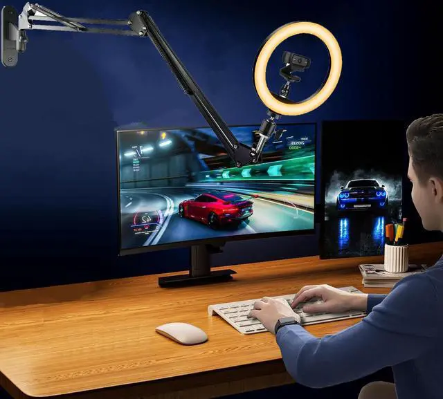 Alt view image 2 of 5 - Upgraded Webcam Wall Mount Selfie Light, 10'' Ring Light with Boom Arm Webcam Wall Stand Holder compatible with Logitech C920/MX Brio 4K/StreamCam/Brio pro X 4K/C930/C922/C925e/C615/Brio 500 webcams