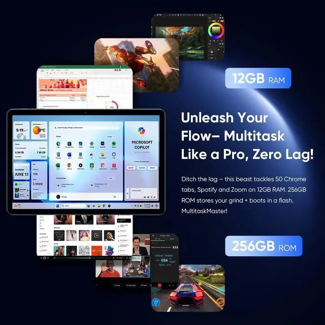 Alt view image 3 of 5 - AE86 10.1" Window 11 Pro Tablet PC 12GB RAM 256GB SSD, Intel Core m3 Processor (up to 3.4 GHz), HD Touchscreen, BT5.0 WiFi 5, Type-C, Micro HDMI, Dual Webcam, Space Gray (Keyboard Sold Separately)