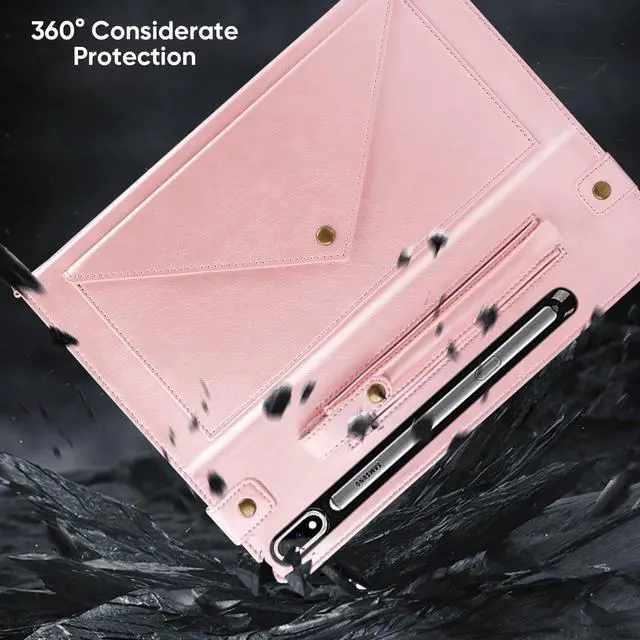 Alt view image 4 of 5 - Tablet Carrying Shoulder Bag Case for Samsung Galaxy Tab S10+ Plus/ S9 FE+ Plus 5G/ S9+ 12.4", PU Leather Hand Strap Crossbody Shoulder Strap Cards Holder Pocket S Pen Holder Stand Case,Rosegold