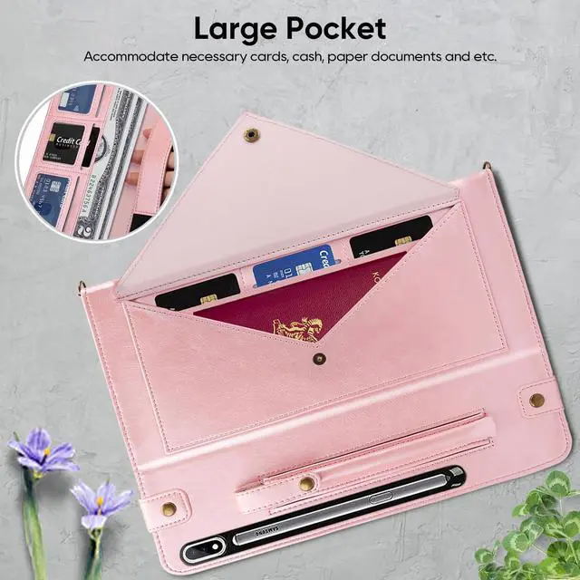 Alt view image 5 of 5 - Tablet Carrying Shoulder Bag Case for Samsung Galaxy Tab S10+ Plus/ S9 FE+ Plus 5G/ S9+ 12.4", PU Leather Hand Strap Crossbody Shoulder Strap Cards Holder Pocket S Pen Holder Stand Case,Rosegold