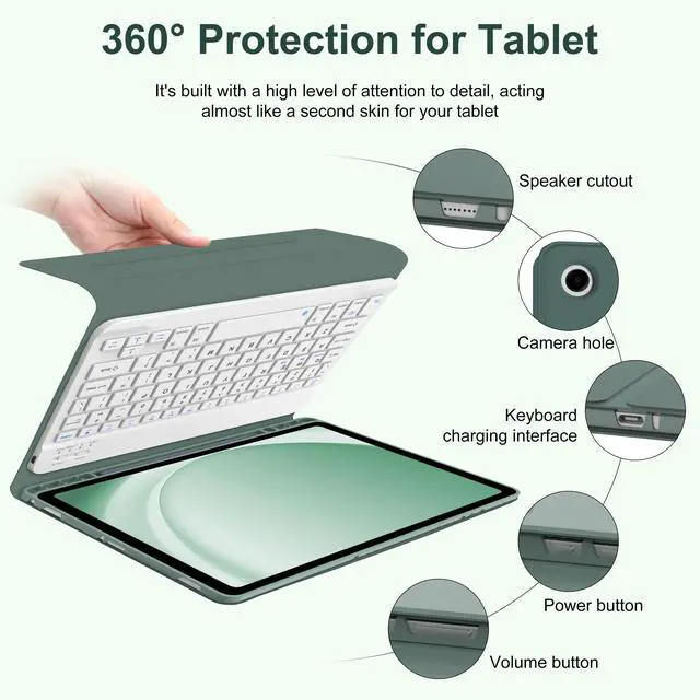 Alt view image 5 of 5 - AMOUOGOEY Keyboard Case for Samsung Galaxy Tab A9 Plus 5G 11 Inch 2023(SM-X210/X216/X218) - Detachable Wireless Bluetooth Keyboard - Folio Smart Cover with S Pen Holder for Galaxy Tab A9+ 11" (Green)