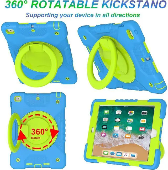 Alt view image 3 of 5 - Andnary Case for iPad 6th/5th Generation 9.7 inch 2018/2017 Case, iPad Air 2/Pro 9.7 inch Heavy Duty Protective Cover with Pencil Holder, Shoulder Strap, 360 Rotate Handle Stand, Blue+Green