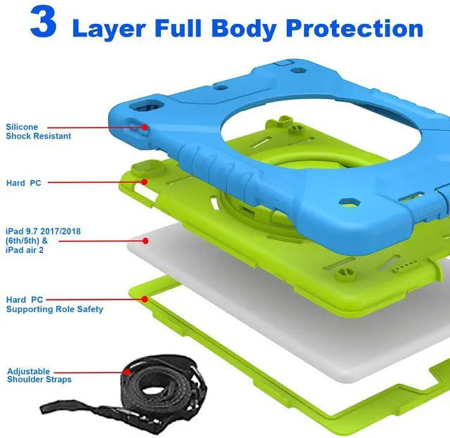 Alt view image 4 of 5 - Andnary Case for iPad 6th/5th Generation 9.7 inch 2018/2017 Case, iPad Air 2/Pro 9.7 inch Heavy Duty Protective Cover with Pencil Holder, Shoulder Strap, 360 Rotate Handle Stand, Blue+Green