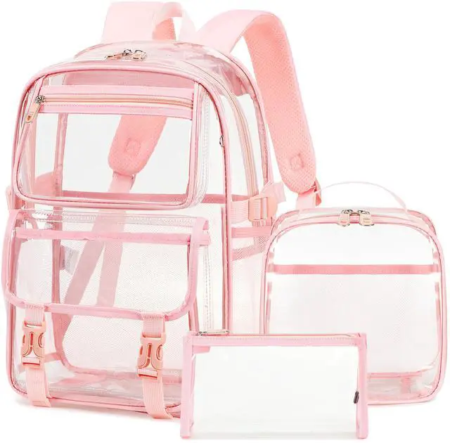 Main image of AO ALI VICTORY Large Clear Backpack for Women Men Girls School College Bookbag with Lunch Box Pencil Bag PVC Transparent Backpacks See Through Daypack for Sport Events Stadiums,Work,Travel,Pink Set