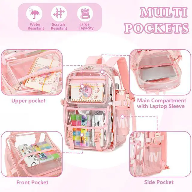 Alt view image 3 of 5 - AO ALI VICTORY Large Clear Backpack for Women Men Girls School College Bookbag with Lunch Box Pencil Bag PVC Transparent Backpacks See Through Daypack for Sport Events Stadiums,Work,Travel,Pink Set