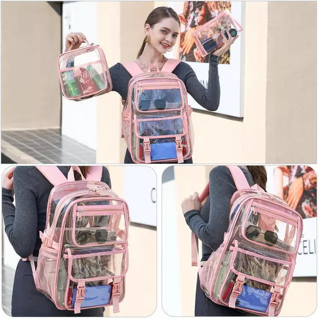 Alt view image 2 of 5 - AO ALI VICTORY Large Clear Backpack for Women Men Girls School College Bookbag with Lunch Box Pencil Bag PVC Transparent Backpacks See Through Daypack for Sport Events Stadiums,Work,Travel,Pink Set