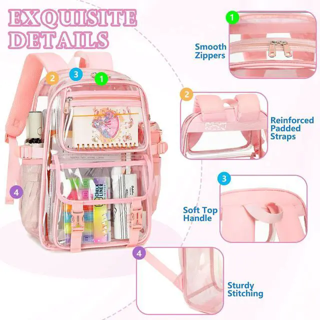Alt view image 4 of 5 - AO ALI VICTORY Large Clear Backpack for Women Men Girls School College Bookbag with Lunch Box Pencil Bag PVC Transparent Backpacks See Through Daypack for Sport Events Stadiums,Work,Travel,Pink Set