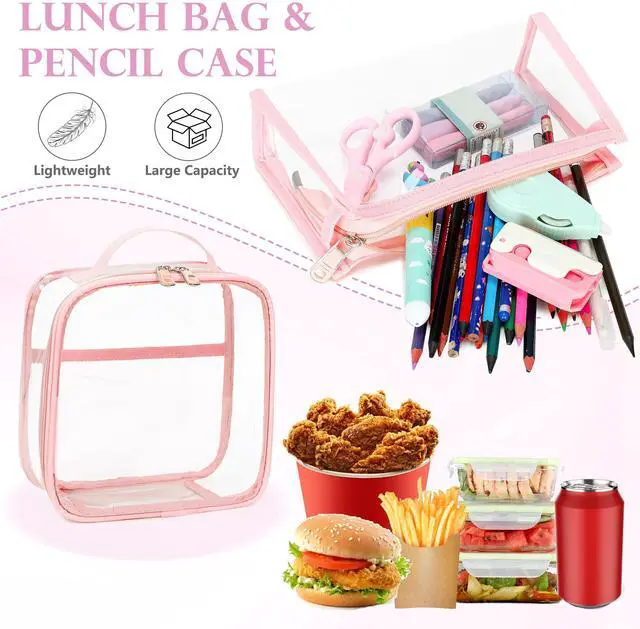 Alt view image 5 of 5 - AO ALI VICTORY Large Clear Backpack for Women Men Girls School College Bookbag with Lunch Box Pencil Bag PVC Transparent Backpacks See Through Daypack for Sport Events Stadiums,Work,Travel,Pink Set