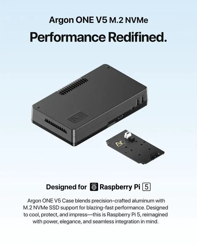 Alt view image 2 of 5 - Argon ONE V5 M.2 Case | Raspberry Pi 5 Aluminum Case with M.2 Single NVME PCIE Slot | Passive and Active Cooling | Dual Full HDMI Port