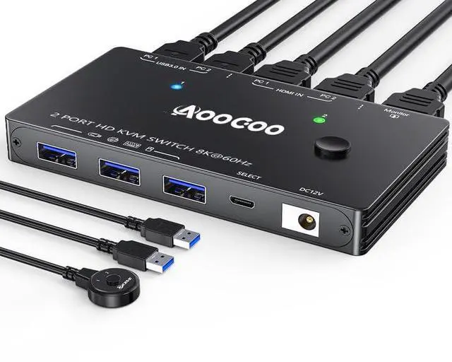 Main image of HDMI KVM Switch 1 Monitors 2 PC 8K@60Hz/4K@120Hz KVM Switches with USB 3.0 Port,Wired Remote,Power Adapter and USB3.0 Cables Included